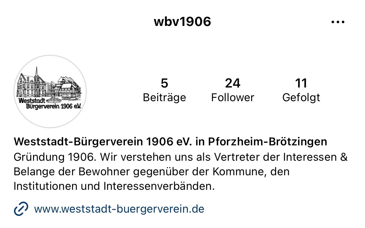 Screenshot vom neu erstellten Profil des Weststadt-Bürgervereins